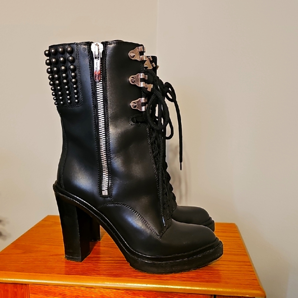 Sergio Rossi Black Studded Leather Combat Lace-Up Boots